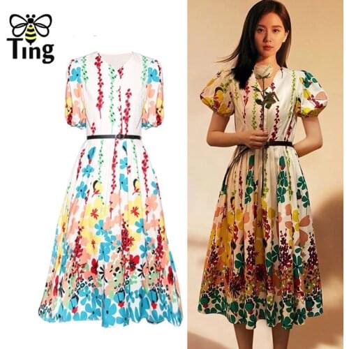 Tingfly Summer Women Floral Printing Midi Long Casual Dress Button Up A Line Dress with Belt Streetwear Boho Robes Clothes