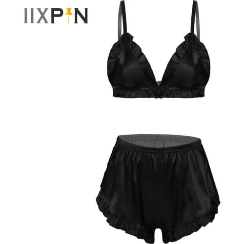 Womens Lingerie Sissy Sexy Suit Satin Pajama Set Sleepwear Summer Ruched Wireless Unlined Bra with Elastic Waistband Shorts