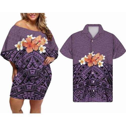 Hycool Polynesian Plumeria Print Plain Women Sexy Off-The-Shoulder Dress 2021 Women Party Bodycon Dresses Match Men Casual Shirt