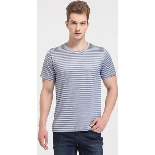 100% Mulberry Round Neck Short Sleeve T-shirt Middle Aged Mens Loose Large Stripe Silk Bottoming Shirt