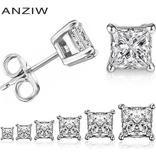 ANZIW 925 Sterling Silver Stud Earrings For Women 4-Claws Square Zirconia Earring Wedding Engagement Bridal Diamond Jewelry Gift