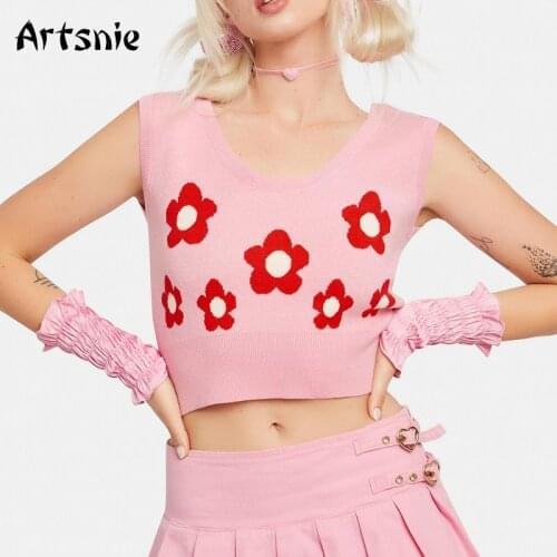 Artsnie Autumn 2021 Floral Sweater Vest Women Slim Sleeveless Pull Femme Streetwear Knitted Pink Ladies Cropped Sweater Vest