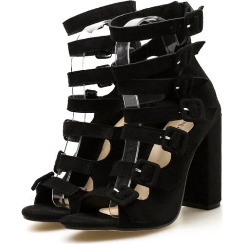 Sapatos feminino Woman ladies gladiator sandals Black Pink Peep Toe Buckle Strap Square High Heels Pumps Summer Office Sexy Dress Shoes woman