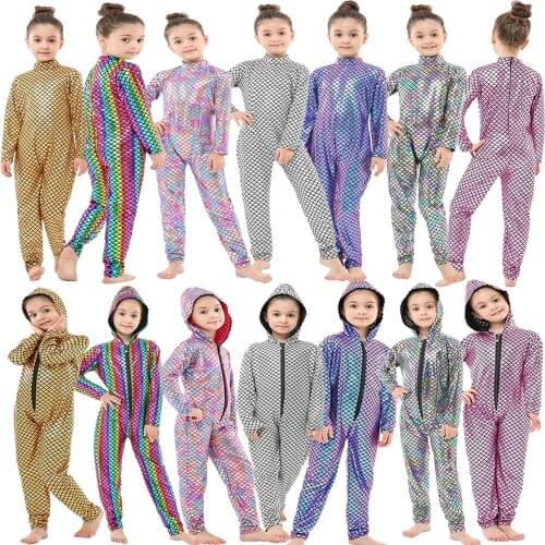 Long Sleeve Fish Skin Mermaid One Piece Hooded Jumpsuits Baby Rompers Girls Long Sleeve Onesies Kids Clothes for 4-12Years
