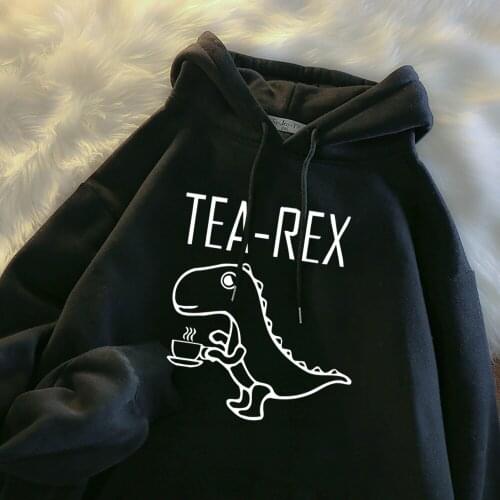 Tea Rex Funny Dinosaur Drink Coffee Printing Hoody Womens Autumn Warm Sweatshirt Ssimple Fit Hooded Street Oversized Top Mens