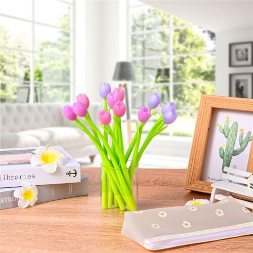 1 Set Cute Daisy Pen Holder Pouch with 12 Tulip Pens Gel Pens Pencil Holder Stationery Case Stand Up Pencil Case Pen Box Pouch