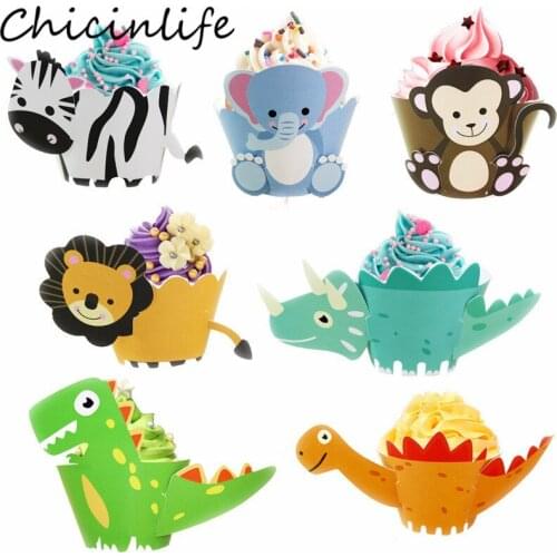Chicinlife 12Pcs Dinosaur Monkey Lion Zebra Cupcake Wrappers Birthday Party Decor Kids Favors Safari Animal Jungle Party Supplie