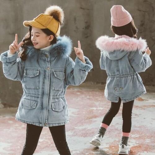Autumn Winter Children Plus Velvet Denim Jacket Big Girls Fur Collar Thickening Waist Coat Kids Hooded Warm Parkas Outwear