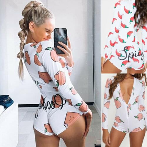 Summer New Hot Sale Womens Printed one-piece home Clothing Jumpsuit V Neck Sexy Leotard Romper Chili And Peach Print Bodysuit