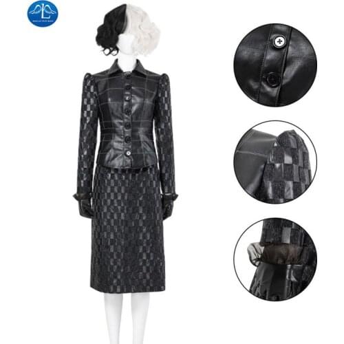 Cruella Cosplay Costume Black Coat Outfits Halloween Adult Women Coat Skirt Outfits White Black Wig Full Set Demon Costumes