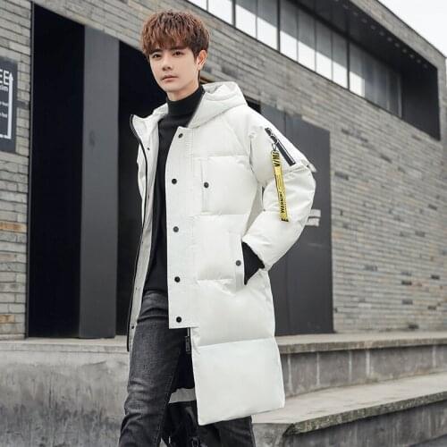 2021 Winter Korean Mens Hooded White Duck Down Long Jacket Men Cargo Solid Trench Coat Couples Loose Thick Windbreaker M-3XL