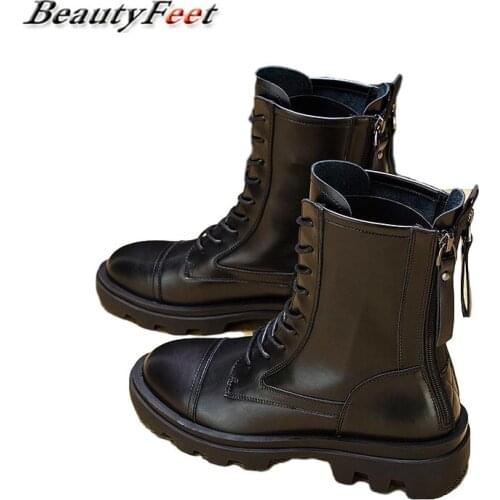 Solid Leather Motorcycle Boots Square Med Heels Thick Bottom Platform Shoes Woman New Winter Lace Up Zip Women Boots Plus Size