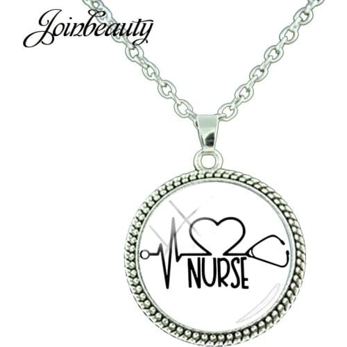 JOINBEAUTY Heart Stethoscope Picture Necklace Round Pendant Accessories Women Nurse Jewelry Handmade Gift NT259