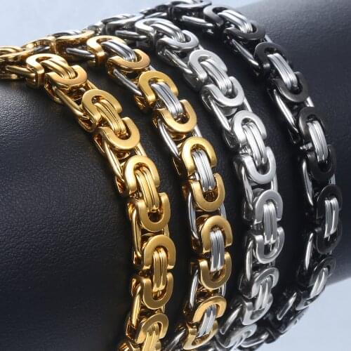 Basic Byzantine Link Chain Bracelet for Men Boy Stainless Steel Gold Black Silver Color Bracelets Gothic Rock Wristband KBB1A