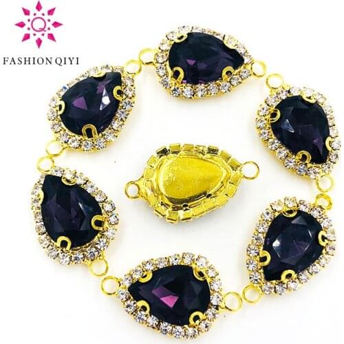 Gold bottom teardrop Double loop Crystal button Deep purple Glass Crystal sew on rhinestones diy/Clothing accessories