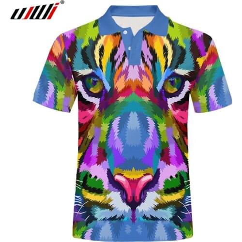 UJWI Colorful Gradient tiger Design Logo Polo Shirts Men 3D Print Tees Tops Shirts Male Casual Short Sleeve Men Polo Customize