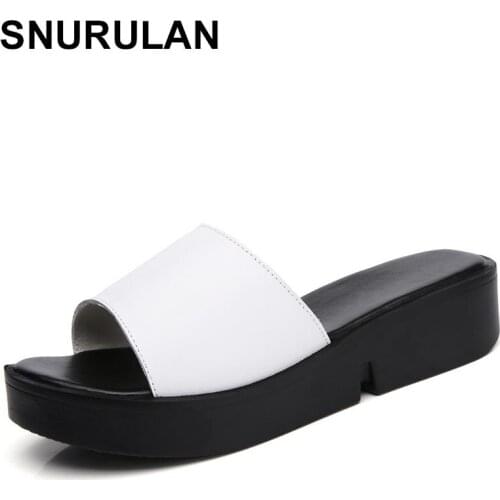SNURULAN summer women slippers Mules shoes casual platform sandals med heels slides shoes woman leather thick sole thongs