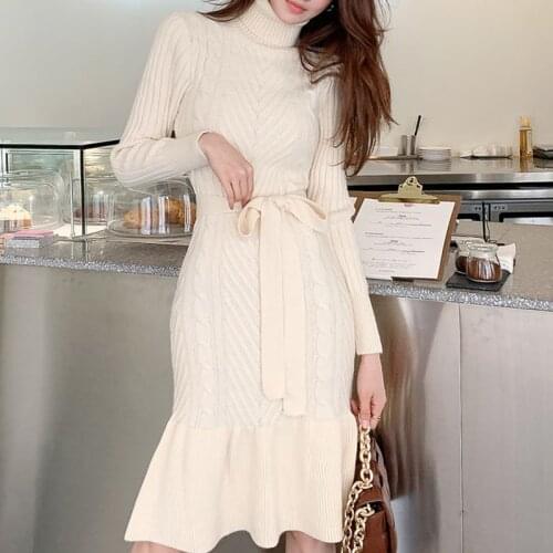 Apricot Korean Knitting Dress Woman Fall 2021 Turtleneck Full-sleeve Womans Knit Dress Vestido Autumn Warm Clothing Winter