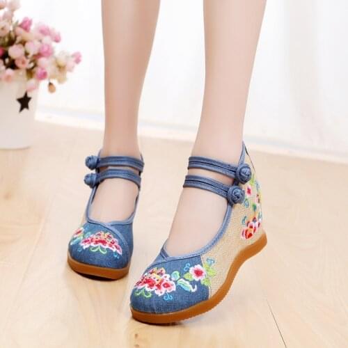 Ethnic Style Embroidered Shoes Women Fashion Flax Canvas Wedge Shoes Woman Casual Highheels Shoes Ladies Sneakers Size 34-41