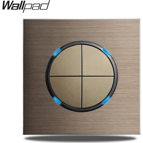 Wallpad L6 Brown 4 Gang 1 2 Way Cross Wall Light Switch Push Button Brushed Aluminum Metal Panel Blue LED Indicator