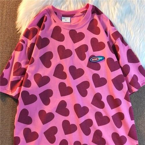 Summer New Style 2021 Korean Version Loose Full-print Love Printing Short-sleeved T-shirt for Women All-match Harajuku Style Top