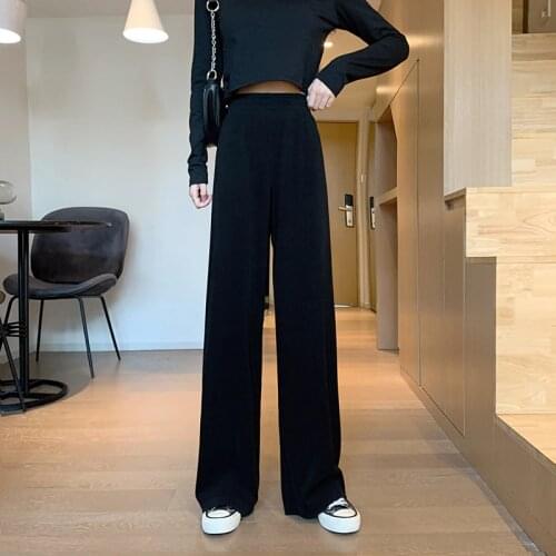 Women spring knitted Trousers Black Wide Leg Pants Korean Loose Casual Trousers Elastic Waist Plus Size Pants