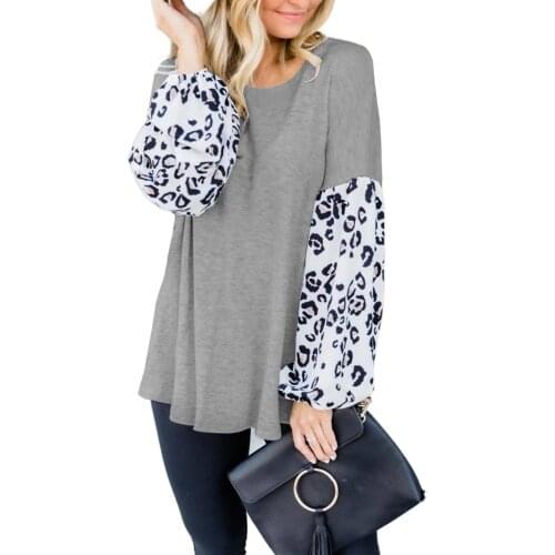 Heather Grey Leopard Print Long Balloon Sleeves Top Women O Neck Autumn Spring Casual Loose Plus Size XXL Blouse Tops