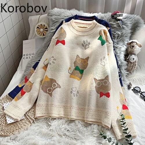 Korobov Japanese Style Cartoon Knitted Jacquard Women Sweaters Korean O Neck Long Sleeve Sueter Mujer Kawaii Jumper Femme