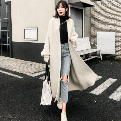 Women Winter Loose Beige Knitting Trench Coat Ladies Velvet Long Coat Windbreaker Woman Oversize Open Stitch Clothes