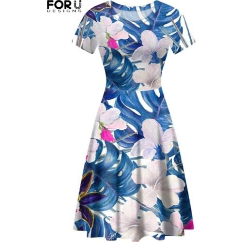FORUSEDIGNS Hawaii Tropical Flower Leaves Womens Short Sleeves Dress Summer Elegant O-Neck High Quality Party Female Skirt Ropa