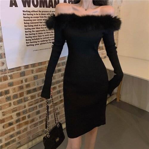 Women Knitted Dress 2021Autumn Winter Long Sleeve Off Shoulder White Sexy Party Dresses For New Year Furry Collar Elegant Robe