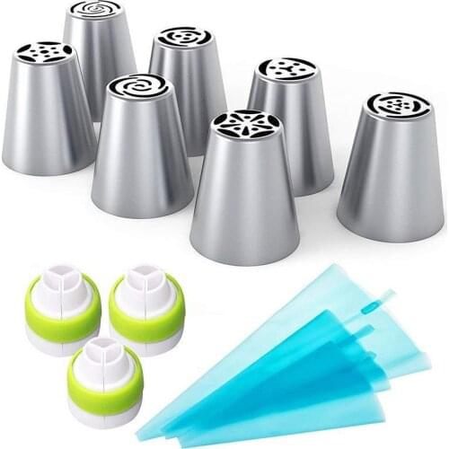 13Pcs Russian Flower Homemade Cake Nozzle Set with 3 Style Reusable TPU Decorating Bag Stainless Steel DIY Cake Baking Tools