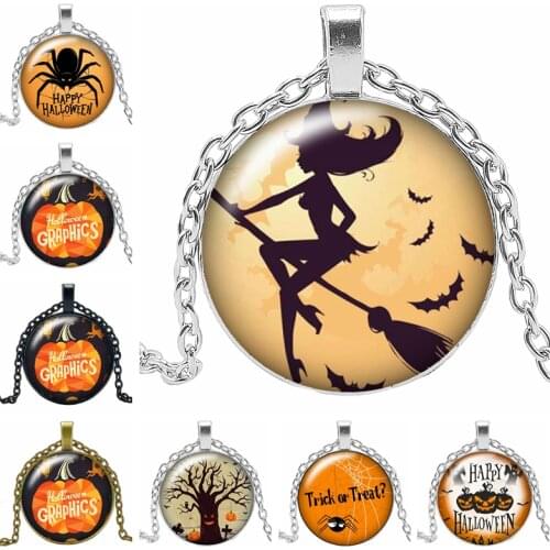 2019 New Halloween Witch Spider Bat Pumpkin Necklace Jewelry Pendant Crystal Convex Round Glass Necklace Childrens Gift