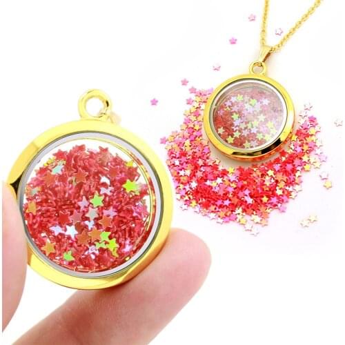 30mm Gold Color Round Seal Glass Floating Locket Necklace Pendant With Sequined Stars LSFL073