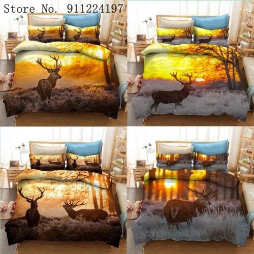 3D Elk Duvet Cover Set Sunrise Bedding Kids Boys Girls Animal Quilt Cover Deer Home Textiles Yellow Bed Set King 3pcs Dropship