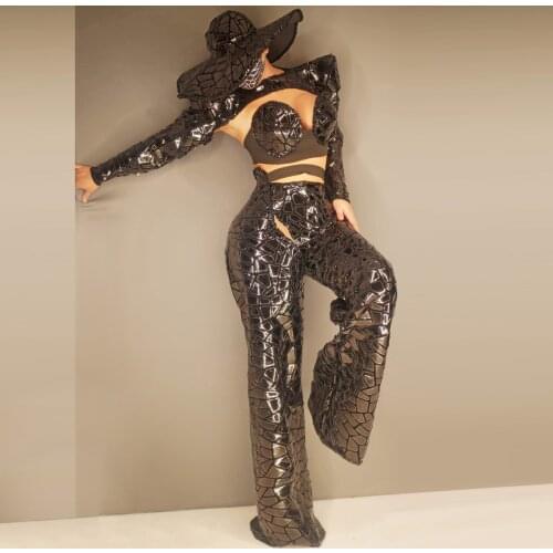 Women Dancer Singer Show Wear Bar Party Evening Jumpsuit Reflective Costumes Set Black Sequins Bra Pant Shawl Cap Outfit Set