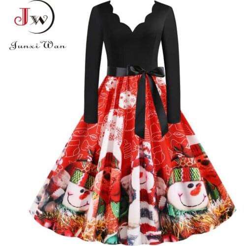Elegant Women Winter Christmas Dress Vintage Print High Waist V Neck Long Sleeve Robe Plus Size Party Sundress S~3XL