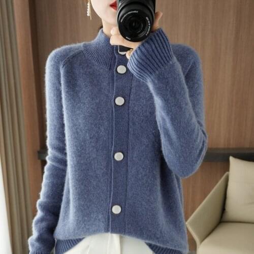 Thick sweater womens half high neck cardigan 100% wool spring and autumn chic knit loose blouse fashion womens warm jacket