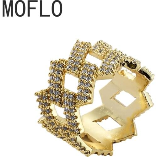 MOFLO Copper Hip Hop Charm Ring AAA Zircon CZ Mens Diamonds Rhinestone Shiny Rings Cubic Zircon Hollow out Jewelry for hands