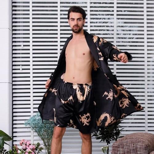 Printed Dragon Bathrobe Set 2PCS Male Satin Nightgown Mens Sleepwear Vintage Pajama Nightwear Robe халат мужской пижама Pijamas