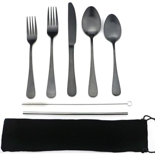 Travel Picnic Black Dinnerware Set Portable Bag Cutlery Set Forks Knife Camping Silverware Tableware Cutlery Food Sets 5pcs