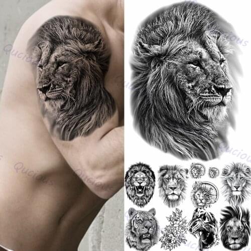 Water Transfer Lion Fake Tattoo Sticker For Men Women Tiger Compass Flower Temporary Tattoo Large Washable Arm Tatoos Decal