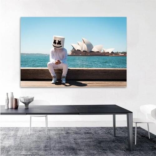 Modern Fashion Music Poster Wall Art Print White Canvas Painting Musician with Smiley Mask Pictures for Living Room Home Decor