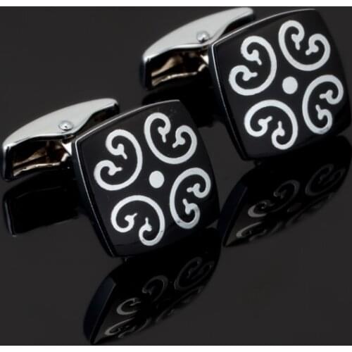 High Quality Black silvery Stainless Steel Square Stamping Vintage flower Cuff Links Wedding Mens Custom Enamel Cufflinks
