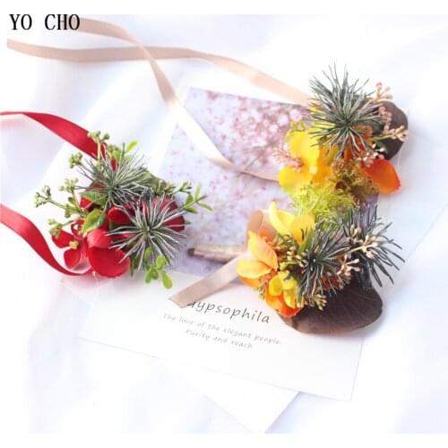 YO CHO Artificial Leaves Wrist Flower Plant Decor Wedding Corsage Dress Accessory Man Boutonniere for Wedding Prom Party