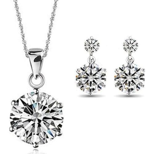 Fine Jewelry Sets 925 Sterling Silver Classic Cubic Zirconia CZ Pendant Neckalce Stud Earring Set 6 Claws Nice Made