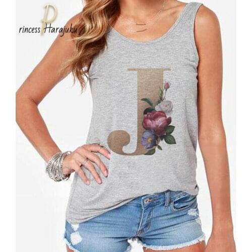 Women Camisole O-neck Tank Top Cartoon 26 English Letters Print Summer Tee Shirt Casual Harajuku Loose Gray Sleeveless Plus Size