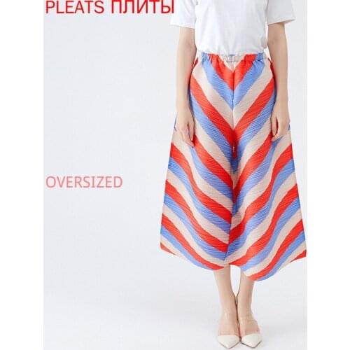 Miyake Pleated Wide-leg Pants Women 2021 New Spring Print Red and Blue Striped Womens Bell-bottom Pants High Waist Leisure Pant