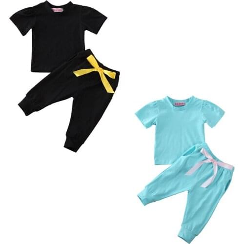 2-5Y Summer Kids Baby Girl Solid Short Sleeve Tops+Lace Up Pants Leggings 2PCS Clothes Tracksuit