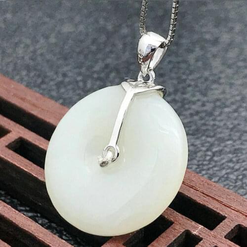S925 Silver Inlaid Natural Hetian Jade Pendants Necklace Women Round Buckle White Jade Pendant Female clavicle Fine jewelry